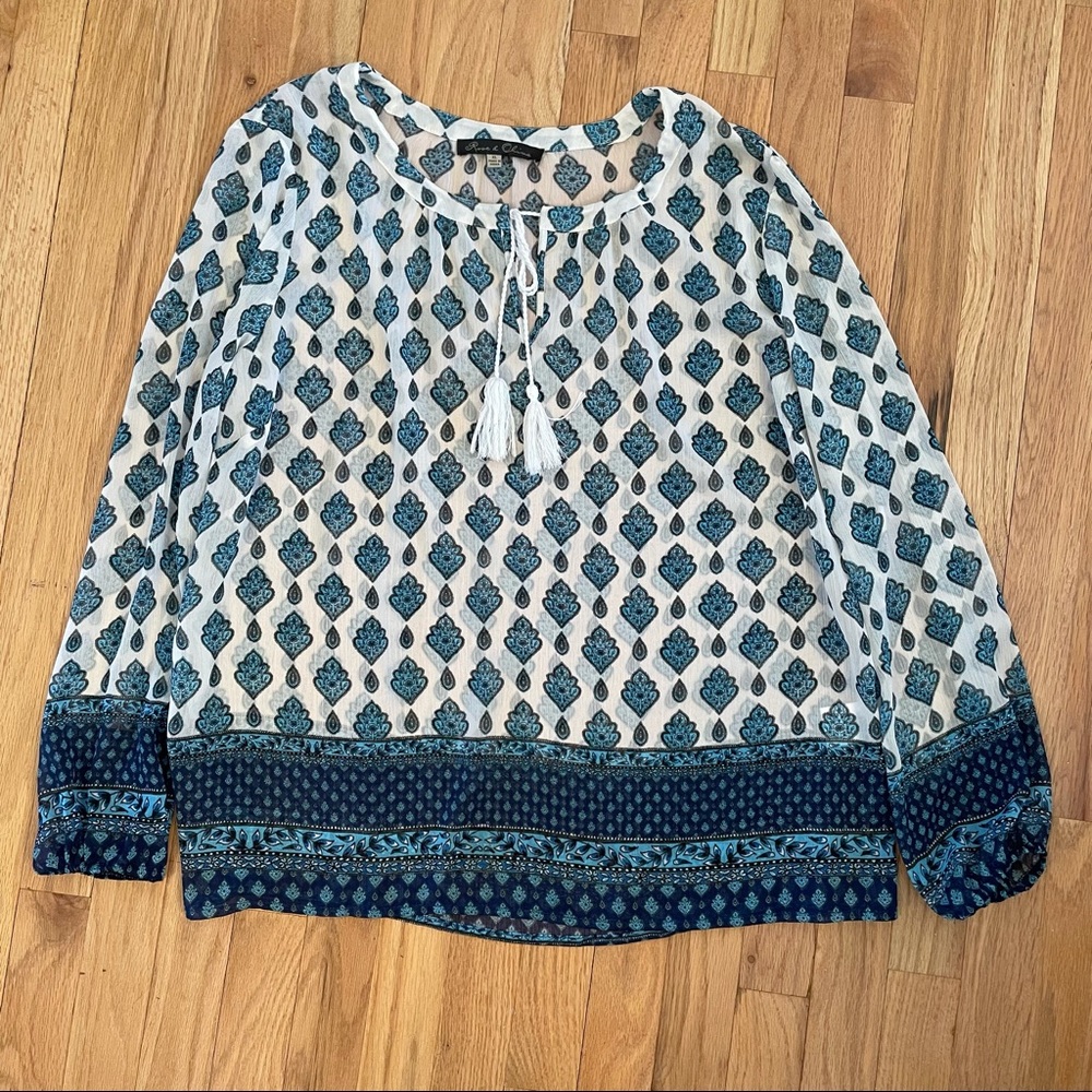 Rose and Olive semi sheer blue printed top XL